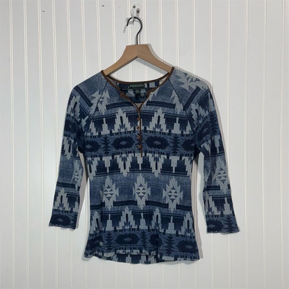 Lauren Ralph Lauren Blue and Navy Geometric Henley Blouse